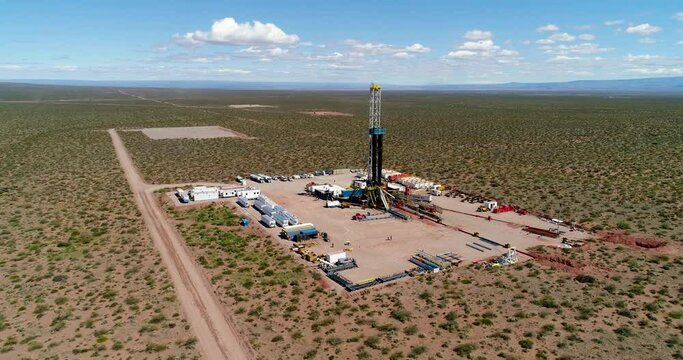 A&ntilde;elo, Argentina, October 30, 2024: Aerial view of unconventional oil well drilling in A&ntilde;elo, Neuquen.