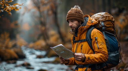 An adventurous hiker clad in a bright yellow jacket studies a map amidst the stunning backdrop of rugged mountains partially covered with snow.