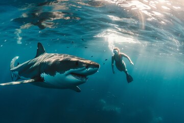 Obraz premium Great white shark swimming near free diving woman in ocean