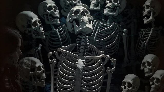 Skeleton Journey Through the Dark 4K Loop features an A.I. generated video of an abstract journey with shifting skeletons and deathly looking bodies in a loop.