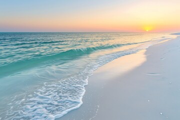 Turquoise ocean waves crashing on empty sandy beach at sunset