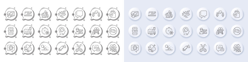 Molybdenum mineral, Mental conundrum and Star line icons. White pin 3d buttons, chat bubbles icons. Pack of Cloud computing, Verification document, Medical syringe icon. Vector