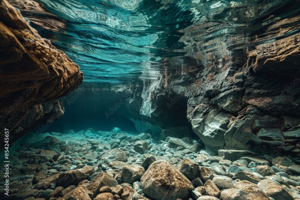 Poster tranquil underwater scene showing riverbed rocks and surface reflection