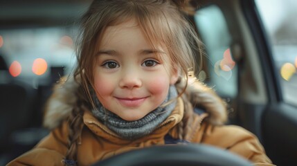 Happy child smiling in a car seat with a warm coat on and bokeh lights in background