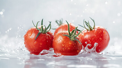 Four fresh ripe tomatoes with water droplets and splashes, on a reflective surface with a light background