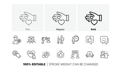 Volunteer, Smile face and Support line icons. Pack of Love gift, Fake information, Waiting icon. Clean shirt, Genders, Like hand pictogram. Business targeting, Vaccination announcement, Like. Vector