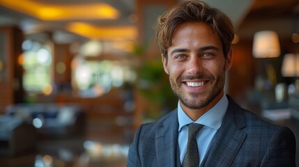 Obraz premium A well-groomed man with a charming smile is wearing a business suit inside a contemporary corporate office environment