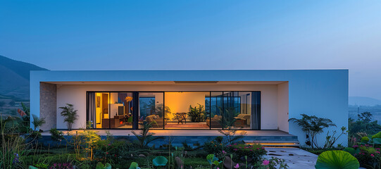 Architecture photograph of minimalist modern single story house in a mountainous region, shot on a large format camera at noon. Surrounded by lotus flowers and plants. 