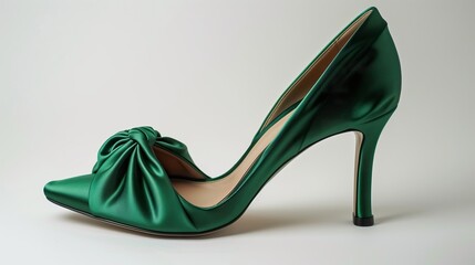 Stylish Green Satin High Heel with Unique Knot Detail, Featuring a Peep Toe and Elegant Heel
