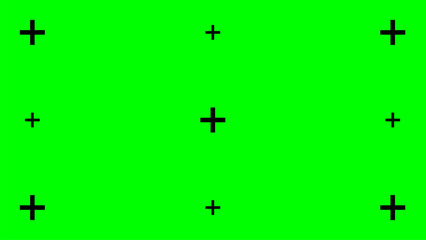 Green screen background with black tracking cross shaped marks. Chromakey technique. Video technology to add visual effects or VFX during movie post-production phase. Vector flat illustration.