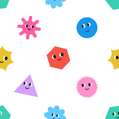 Seamless pattern of basic Geometric Figures with face emotions. Set of different shapes square, circle, rectangle, flower, star etc. Funny characters background. Cute vector illustration for kids