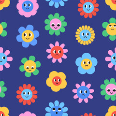 Cute simple seamless pattern with groovy daisy flowers. Spring and summer background for kids fabric. Vector illustration