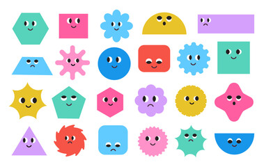Cute colorful basic Geometric Figures with face emotions. Set of different shapes square, circle, rectangle, flower, star, rhombus, hexagon etc. Funny characters. Trendy vector illustration for kids