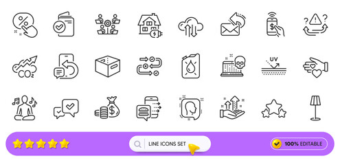 Attention, Canister and Phone payment line icons for web app. Pack of Home charging, Teamwork, Floor lamp pictogram icons. Phone message, Cloud sync, Head signs. Co2, Volunteer, Office box. Vector