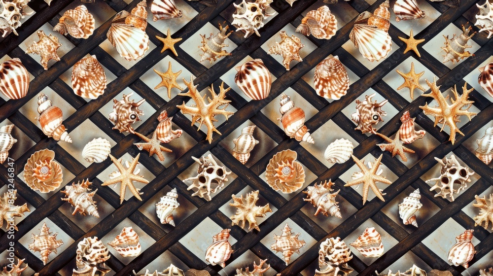 Poster an intricate lattice forms the backdrop for a scattering of seashells in a seamless pattern