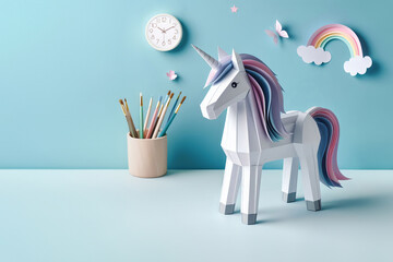 A paper unicorn sitting on top of a table, perfect for showcasing papercraft skills. Ideal for discussions on handmade crafts, creative projects, and children's decorative ideas