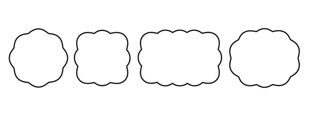 Set of circle, square, oval and rectangle frames with wavy edges. Geometric shapes with scallop borders. Blank text boxes, tags or labels isolated on white background. Vector outline illustration.