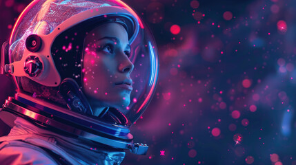 Woman astronaut portrait in space, adult girl in futuristic helmet on fantasy world background. Theme of young people, future, movie
