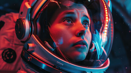 Woman astronaut portrait in space, adult girl in futuristic helmet looks at fantasy world. Theme of young, face, future, scifi movie