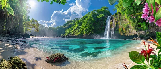 Fotobehang Paradise at wild tropical forest, scene with beautiful beach, green mountains and blue clean water in jungle. Theme of wilderness, landscape, travel, waterfall, nature © Natalya