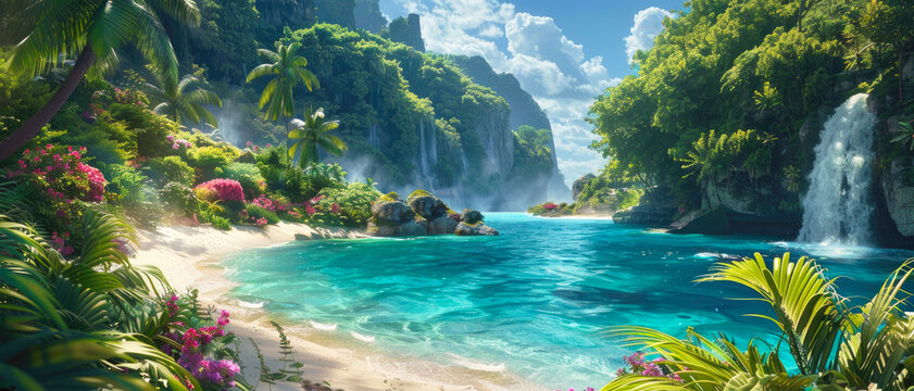 Fototapeta Paradise at wild tropical forest, scene with beautiful beach, green mountains and blue clean water in jungle. Theme of wallpaper, wilderness, landscape, travel, waterfall