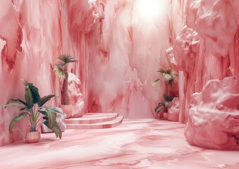 Dreamy Pink Cavern with Sunlight, Green Plants, and Soft Rock Formations - A Serene and Enchanting Natural Landscape