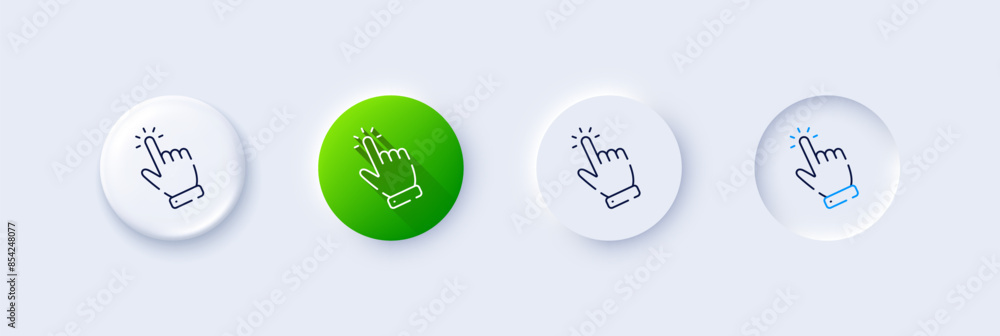 Poster hand cursor line icon. neumorphic, green gradient, 3d pin buttons. click action sign. finger pointer