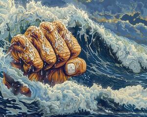 A powerful hand emerging from crashing ocean waves symbolizes strength and resilience against nature's formidable force, depicted in vibrant art