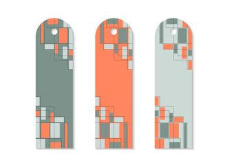 Bookmark design with abstract art deco pattern set. Set of vertical printable patterns with abstract rectangular shapes and lines. Bookmark for book and notepad. Vector illustration.