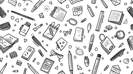 School supplies seamless pattern. Education accessories pencil and pen notebook black line doodle cartoon isolated on white background creative design textile. AI generated illustration