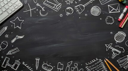 Creative educational sketch on blackboard background with copy space. Education and knowledge concept. AI generated illustration