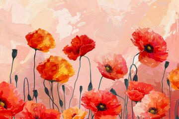 Red poppy flowers on light background. Greeting card with copy space