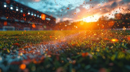 Sun rays peering through a stadium creating a magical glow with red particles