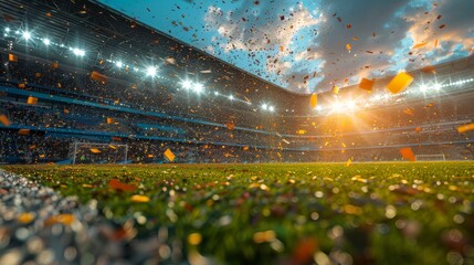 A vibrant image capturing confetti falling in a stadium during a celebration event at dusk with the floodlights on