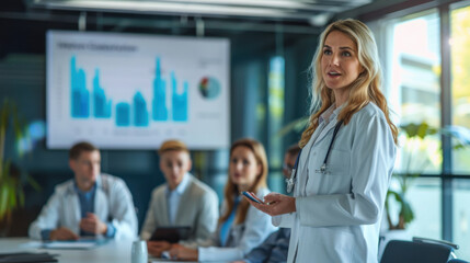 A female doctor presents medical data during a professional meeting, highlighting healthcare insights and analysis.