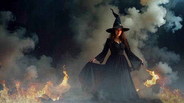 Witch Standing in Fire and Smoke 4K features an A.I. Generated video of a witch holding a fiery wand standing in an atmosphere of smoke and fires.