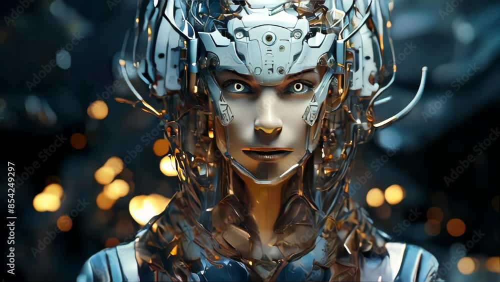 Poster connection of human woman and artificial intelligence robot. the concept of merging a person and a c