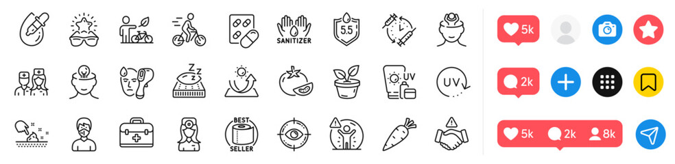 Electronic thermometer, Doctor and Eco bike line icons pack. Social media icons. Skin moisture, Social distance, Ph neutral web icon. Mattress, Mental health, Medical mask pictogram. Vector