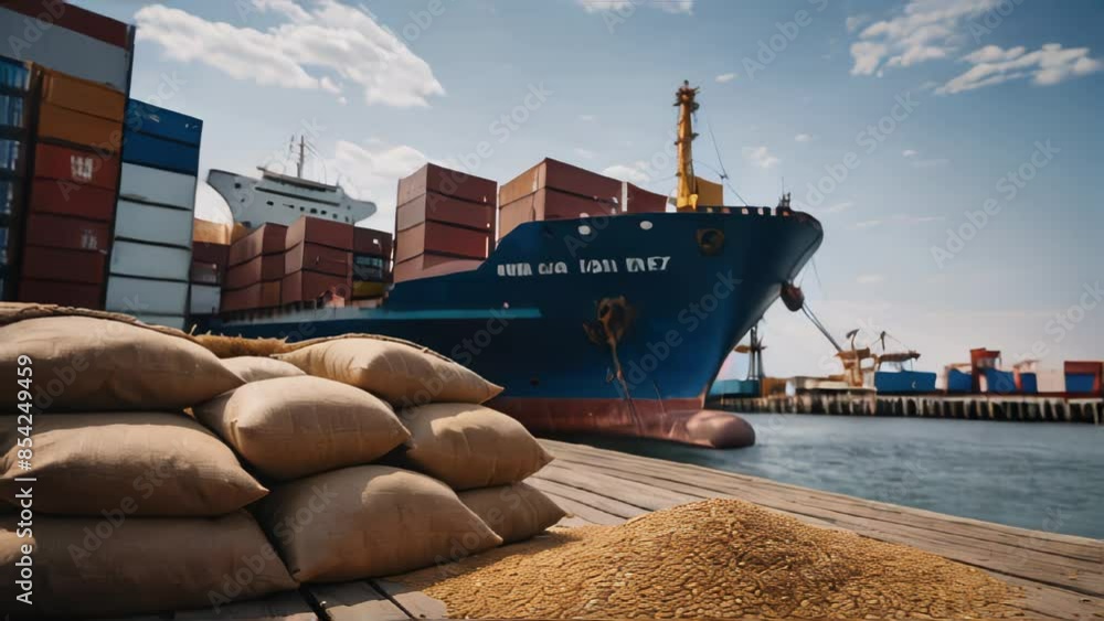 Poster bags of grain on a dock with a pile of wheat in the foreground and a large container ship loaded