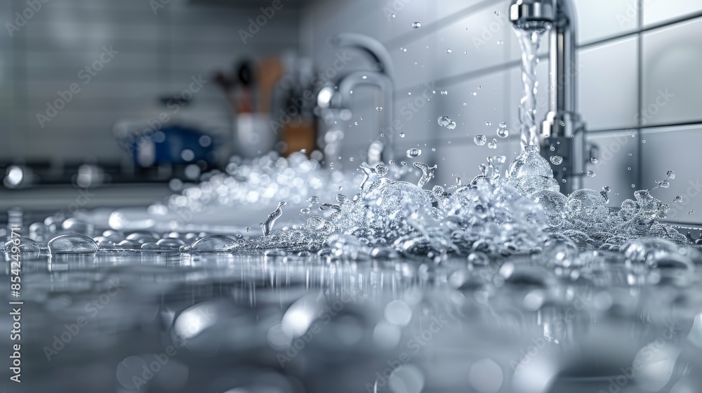 Poster a macro shot of the explosive splashing of water near a kitchen faucet, showing the fluid's dynamic 