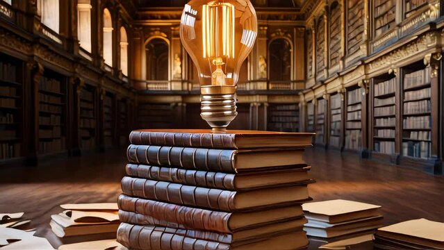 A singular, vintage-style light bulb aglow, situated atop a meticulously stacked arrangement of dusty, leather-bound tomes f books in a library