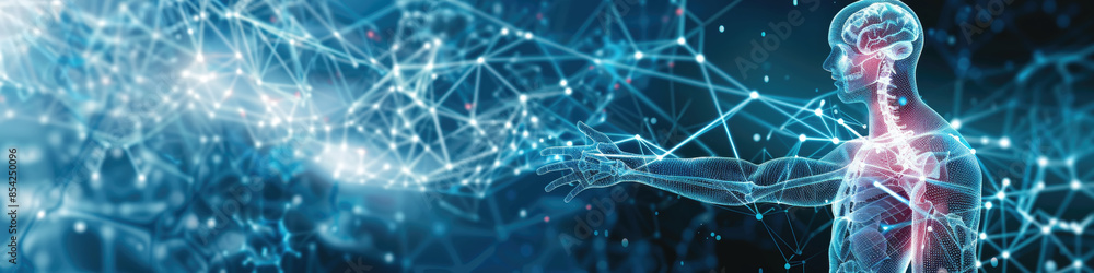 Poster a digital human with a skeletal structure and visible brain extends into a glowing network, against 