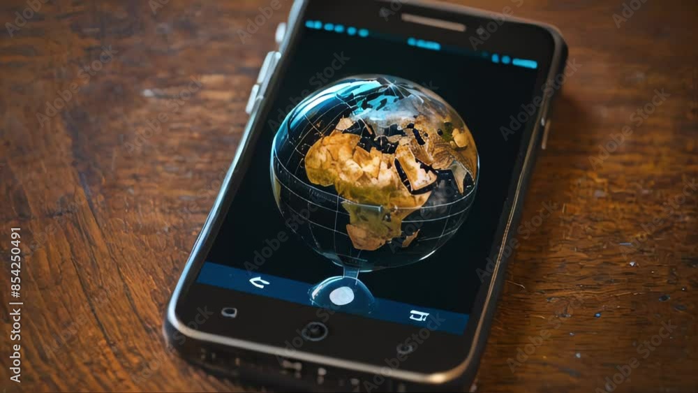Poster a cell phone is on a table with a globe on top of it