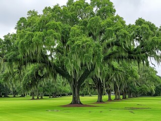 Majestic Oak Tree Adorned with Spanish Moss in Lush Green Field on Overcast Day: A Serene Outdoor Nature Scene Captured in Full Glory