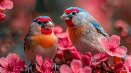 Fototapeta premium Vibrant finches perch among pink blossoms, showcasing nature's beauty and the essence of spring