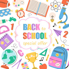 Back to school sale. Greeting card with school supplies. Books, backpack, globe, pencils, notebook, ball, microscope. Vector illustration in flat style