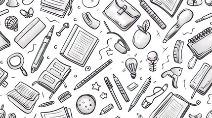 School supplies seamless pattern. Education accessories pencil and pen notebook black line doodle cartoon isolated on white background creative design textile. AI generated illustration