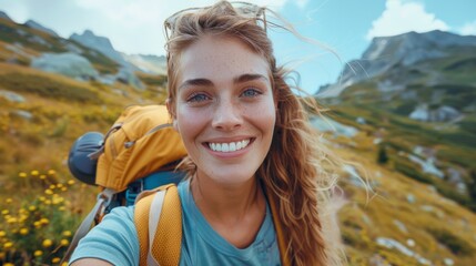 Cheerful adventurer taking a selfie with mountain scenery during a hike
