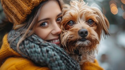 A cheerful woman in winter attire holds a small, adorable dog, embodying joy and pet companionship