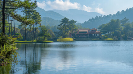 Fototapeta premium A picturesque lakeside house surrounded by trees, with a mountainous backdrop and a serene lake in the foreground.